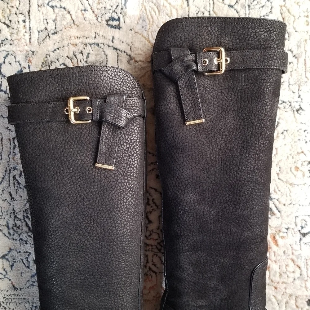 LOUIS VUITTON Black Grained Leather Suede Knee High Boots 35.5 - Picture 15 of 17